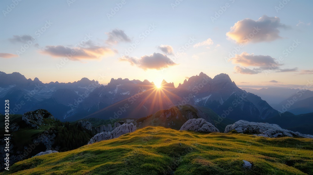 Aufkleber the sun is setting behind the mountains, casting a warm glow over the grassy hill. the sky is filled
