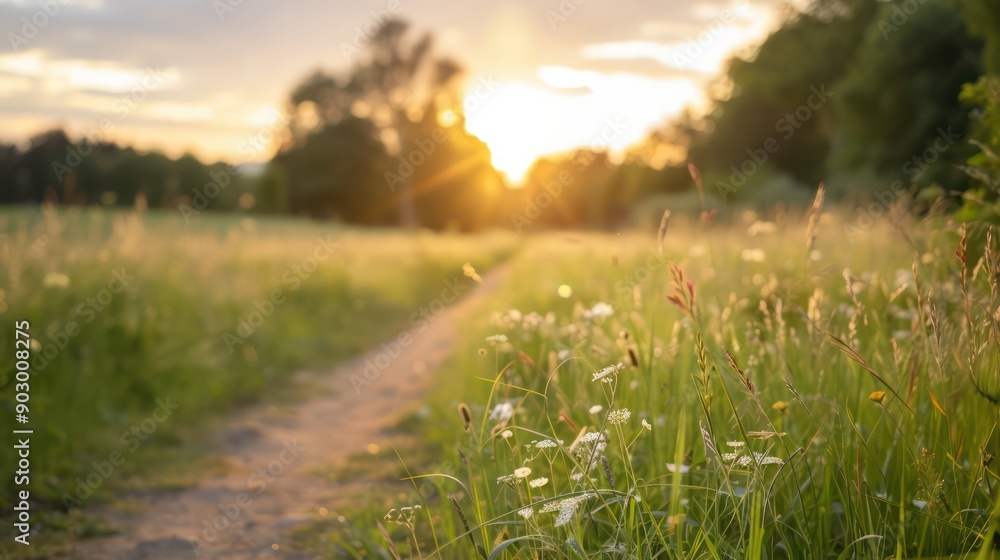 Poster a path through a field of grass with a sun shining on it. the sun is setting and the sky is a mix of