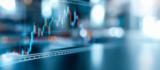 A stock market analysis chart with vibrant blue and red candlestick indicators, against a softly blurred background, representing advanced financial data visualization.
