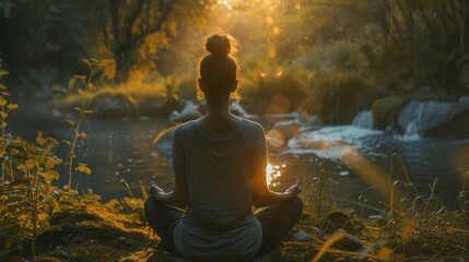 Serene woman engaged in group meditation outdoors for mental wellness and mindfulness
