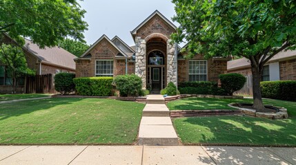 A beautiful stone house with large windows and a well-manicured lawn, set against a clear blue sky on a sunny afternoon