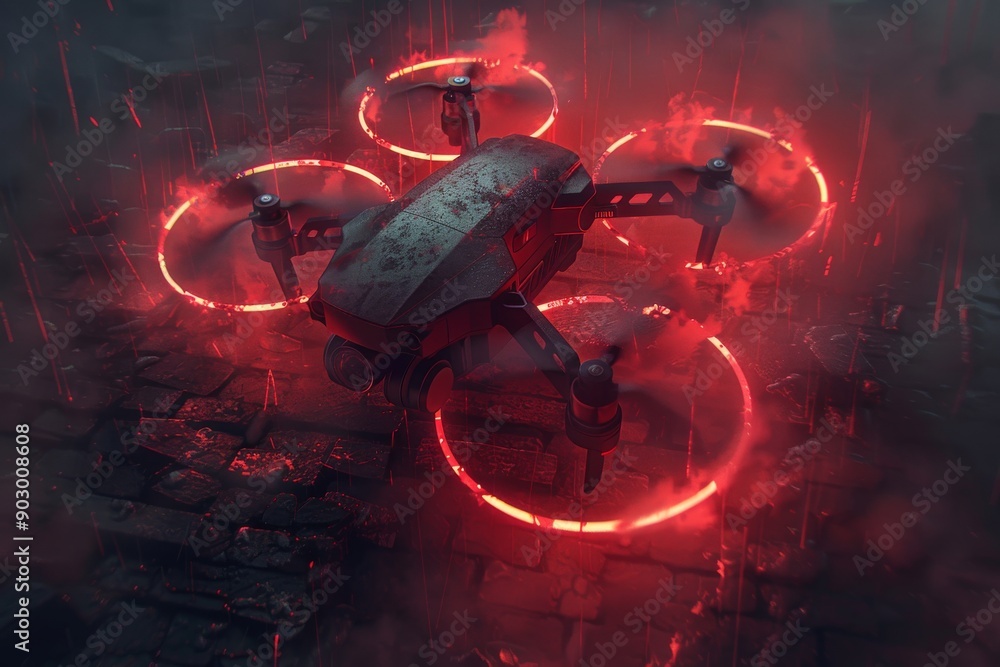 Poster futuristic red drone with illuminated propellers on a cracked surface creating a dramatic and high t