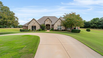 A beautiful stone house with large windows and a well-manicured lawn, set against a clear blue sky on a sunny afternoon