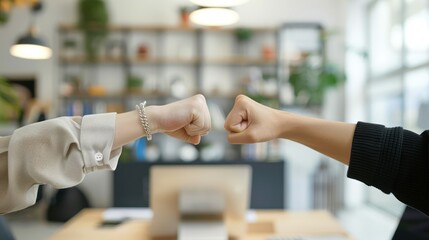 Business partners fist bumping in a startup office, celebrating a successful business milestone isolated white background 