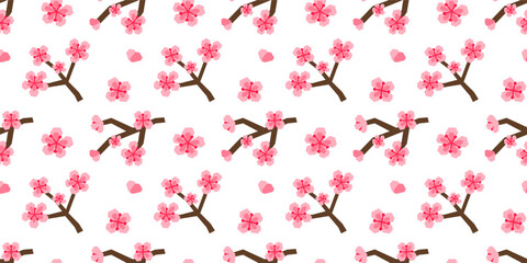 Seamless pattern with paper cut stylized blooming sakura branches and flowers. Seasonal Japanese natural background.