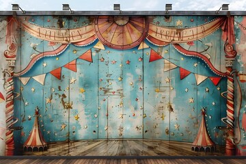 Whimsical Vintage Circus Stage Backdrop with Colorful Banners and Tents