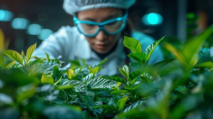 A scientist examines lush green plants while conducting research in a lab focused on developing new agricultural technologies.