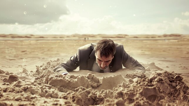 Businessman stuck in quicksand made of stock market losses, symbolizing financial downturn.