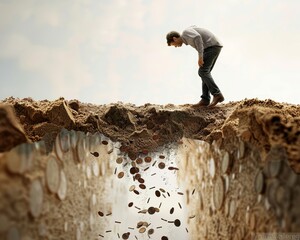Man trying to escape a quicksand pit of coins, symbolizing sinking finances.