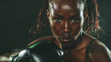 Determined black female boxer ready a match fight.