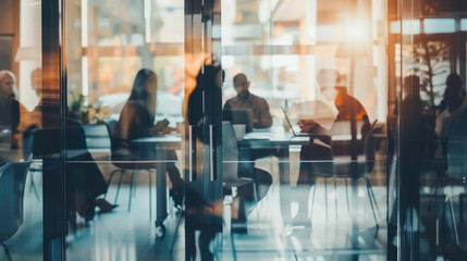 Business Team Meeting in Modern Glass-Walled Conference Room