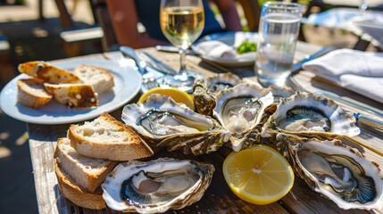 Fresh oysters with lemon slices served on a plate