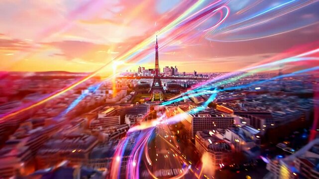 Vibrant Paris View with Eiffel Tower and Colorful Ribbons in a Dynamic Urban Landscape