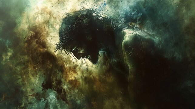 A depiction of Jesus enduring humiliation and death, symbolizing sacrificial love and redemption, set against a somber, atmospheric background.