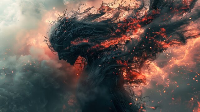 Surreal depiction of a humanoid figure engulfed in fiery tendrils and smoke, showcasing the fusion of organic and elemental forces in an ethereal landscape