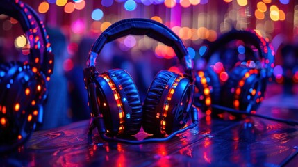 Silent disco party with glowing headphones and vibrant lights, a lively, colorful celebration atmosphere.