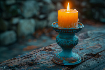 Antique Candle Holder with Burning Candle and Floral Arrangement
