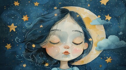 Good night, sweet dreams illustration featuring a girl with stars and the moon, a whimsical watercolor painting.