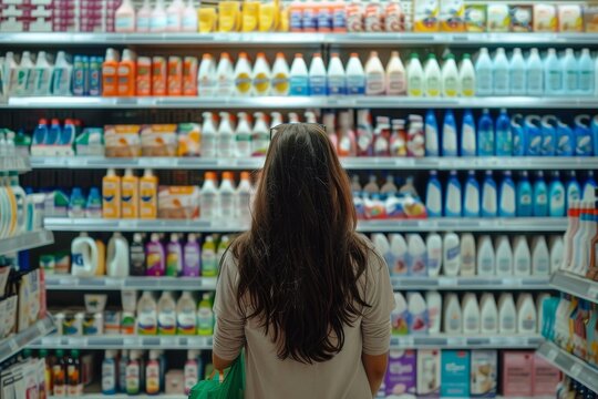 Young woman shopping in supermarket, choosing laundry products, standing near shelf with conditioners, gels, powders, Generative AI