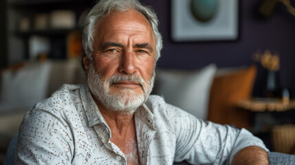 Portrait of a stylish adult man in bright clothes sitting on an ottoman in a stylish room. Retirement, style and fashion concept.