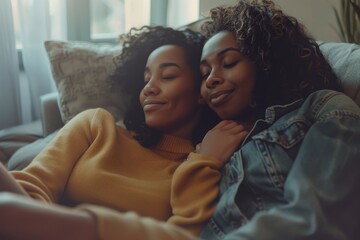 Obraz premium Loving mother listening to daughter with empathy and understanding, sitting together on sofa at home, parent communicating with teenager, Generative AI