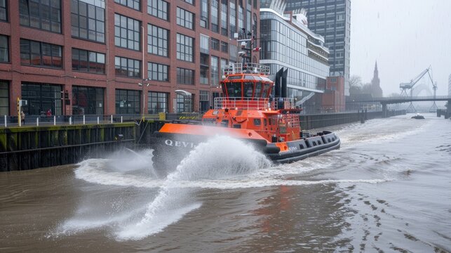 Tugboats maneuver around luxury yachts, guiding them safely through the busy harbor under cloudy skies - Powered by Adobe