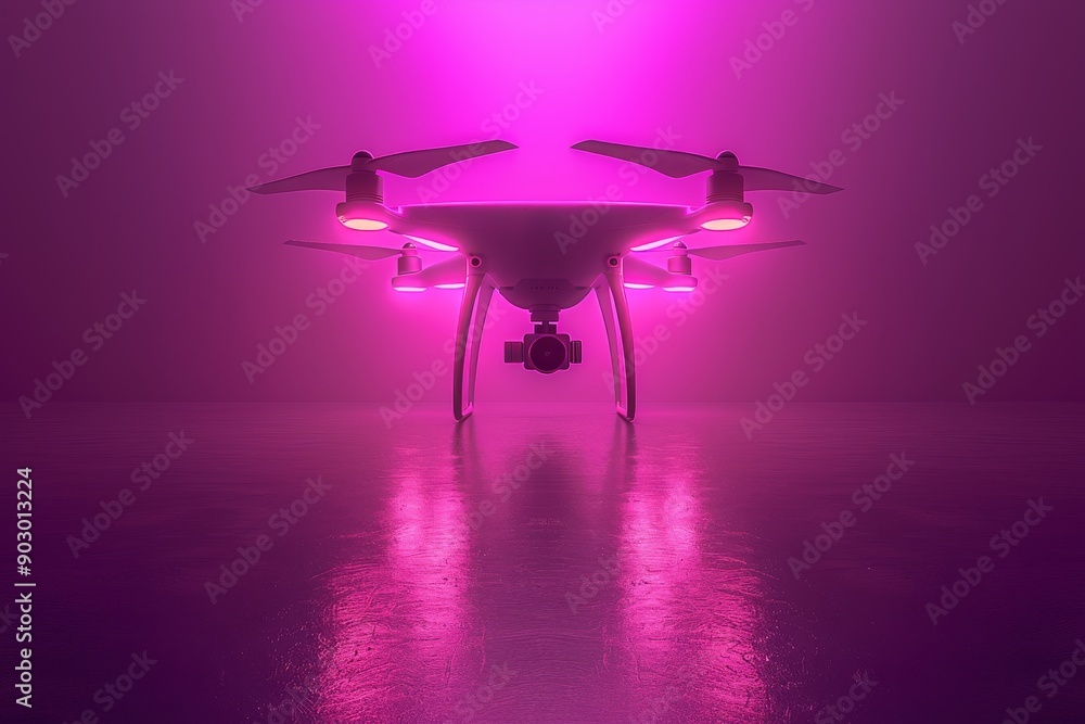 Aufkleber large drone with pink and purple lighting hovering over a misty surface creating a futuristic and my