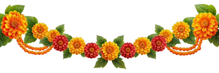 Orange and red marigold flowers isolated on transparent background. Chinese mid autumn festival or toran Indian traditional Diwali decoration. Symbol of mexican holiday Day of dead