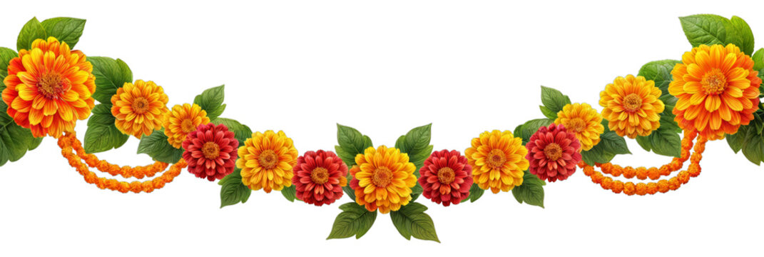 Orange and red marigold flowers isolated on transparent background. Chinese mid autumn festival or toran Indian traditional Diwali decoration. Symbol of mexican holiday Day of dead