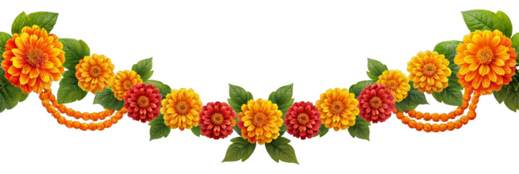 Orange and red marigold flowers isolated on transparent background. Chinese mid autumn festival or toran Indian traditional Diwali decoration. Symbol of mexican holiday Day of dead