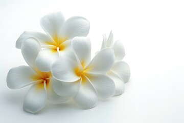 Naklejka premium Elegant White Plumeria Flowers with Soft Yellow Centers on a Minimalist Background