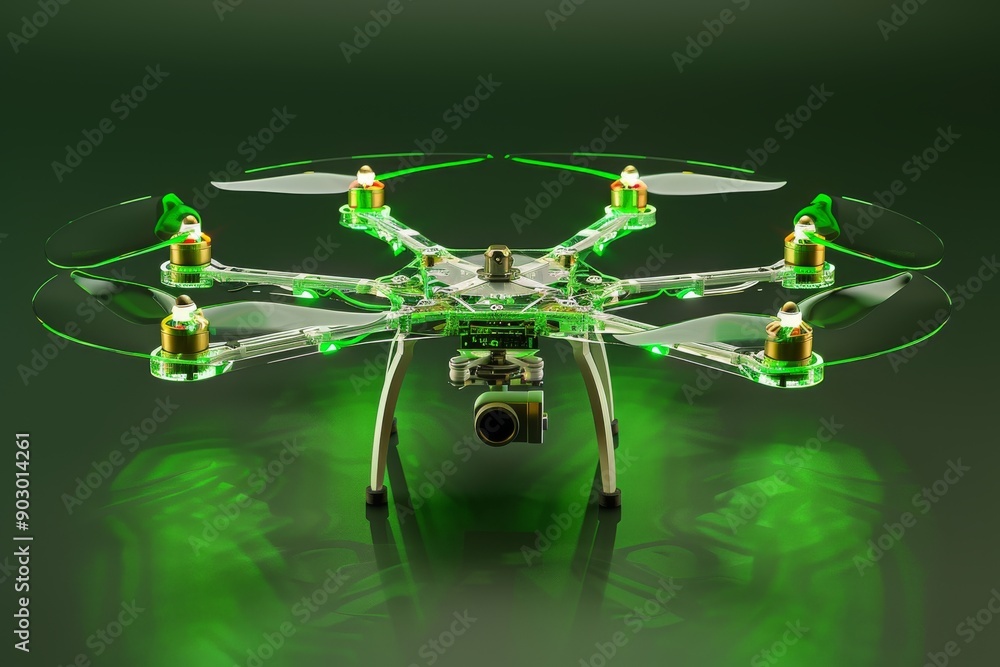 Poster green and white drone with neon accents in a dark studio setting emphasizing futuristic design and a