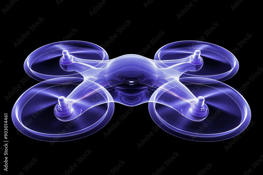 Poster futuristic drone with purple glowing propellers on a black background highlighting advanced technolo