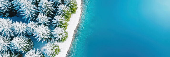 Aerial view of a snow-covered forest next to a clear blue lake under a bright sky, capturing the serene natural beauty of winter.
