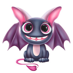 Cute cartoon kind monster with bat wings smiles
