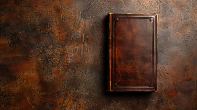 A classic leather-bound book on a brown background, ideal for vintage and literary themes.