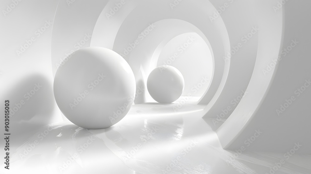 Poster serene white abstract space with spheres and curved structures