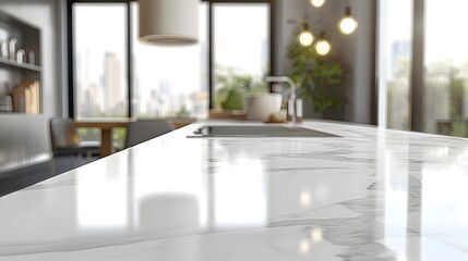 Modern Kitchen with Elegant Marble Countertop and City View