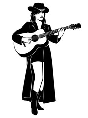 Acoustic Guitarist Girl in Cloak and Cowboy Hat. Black and white vector clipart isolated on white.