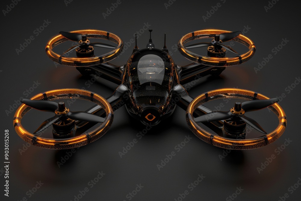 Poster black and orange drone in a dark studio setting showcasing advanced technology and sleek design with