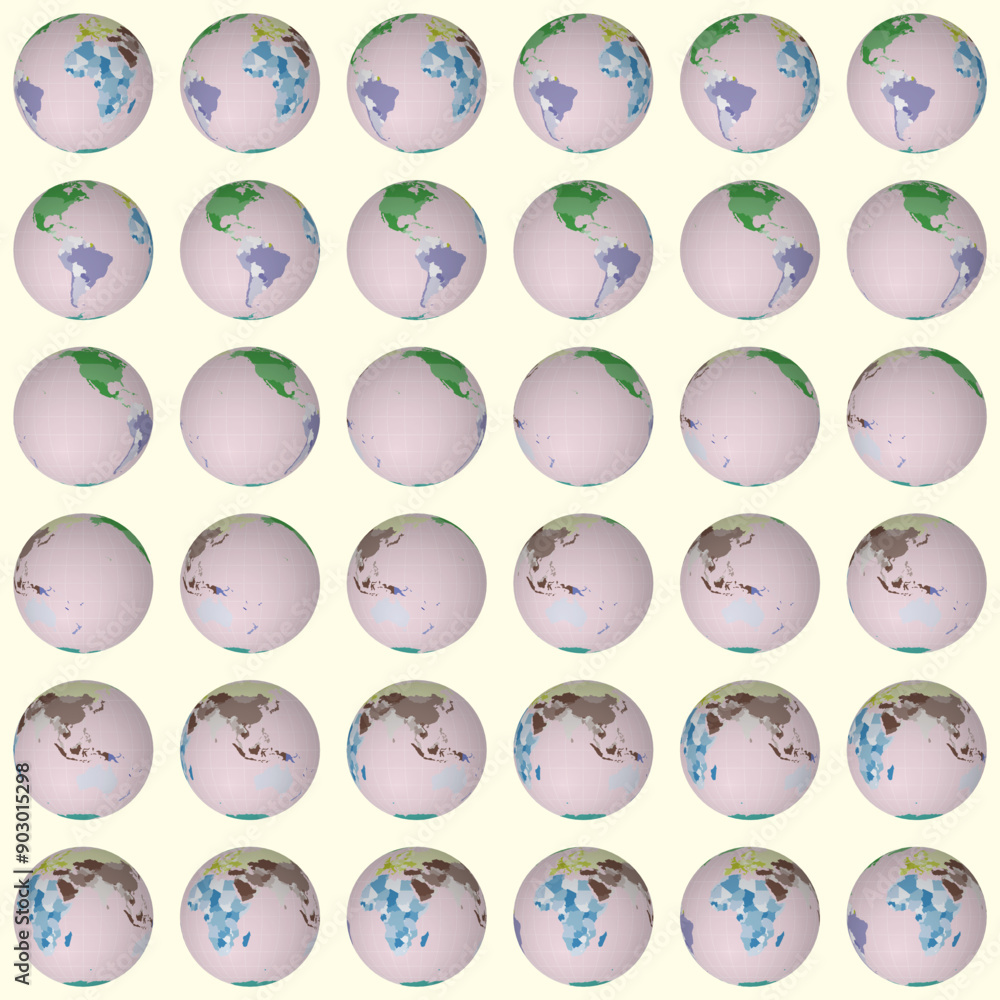 Poster collection of earth globes. normal sphere view. rotation step 10 degrees. colored countries style. w