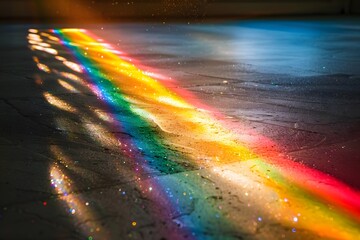 Captivating Rainbow Reflection on a Floor with Sparkling Dust Particles