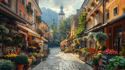 Fototapeta premium A bustling market street in an old European town