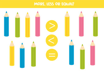More, less, equal with cartoon pencils. Colorful worksheet.