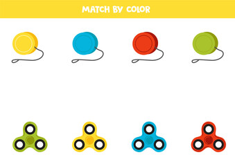 Match cartoon yo yo and spinners by colors. Logical color sorting game for kids.