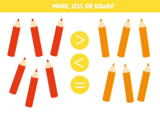 More, less, equal with cartoon coloured pencils. Math game for kids.