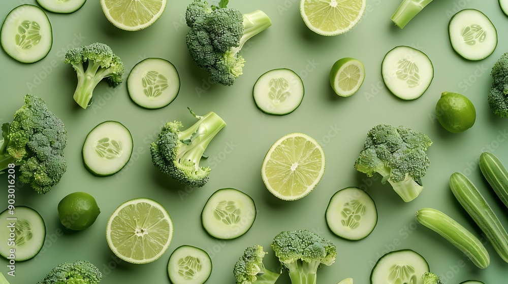 Aufkleber Creative layout made of broccoli cucumber and lime on the green background Food concept Macro concept : Generative AI