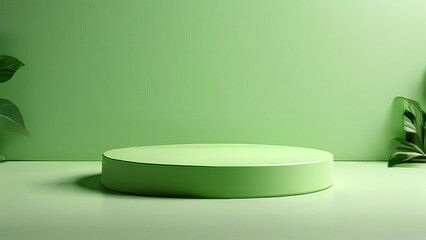 Green round podium on green background. 3D rendering. Computer digital drawing.