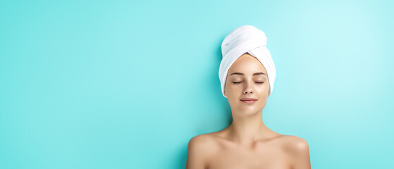 Relaxed woman with towel wrapped hair against a blue background, embodying spa wellness and skincare routine. - Powered by Adobe