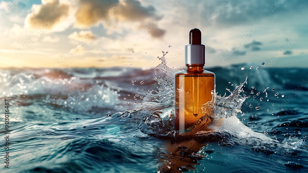 Poster serum bottle in water with splashes and waves : generative ai